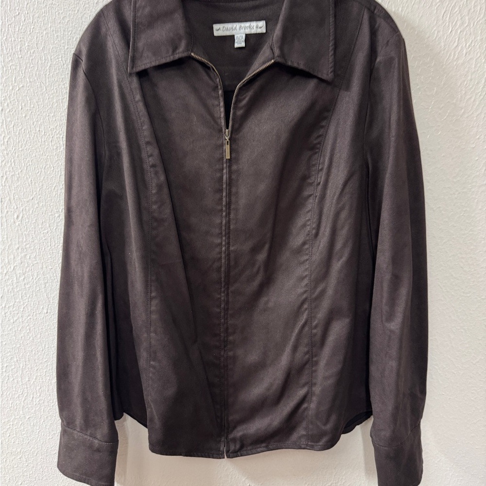 David Brooks Blazer Jacket Size XL Brown Vintage Zippered Faux Suede 80's